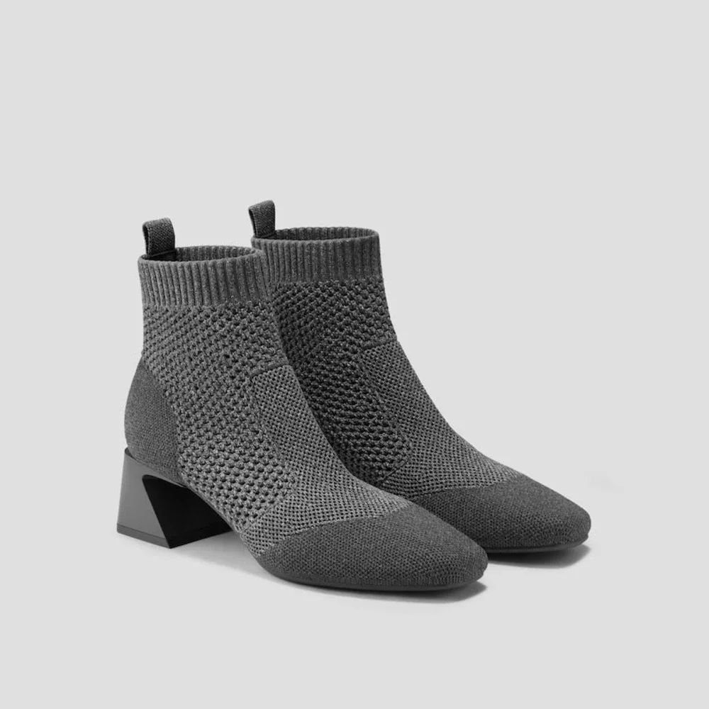 VIVAIA Grey Knit Sock Ankle Boots‎ Block Heel Square Toe Size US 7.5 EU 38.5